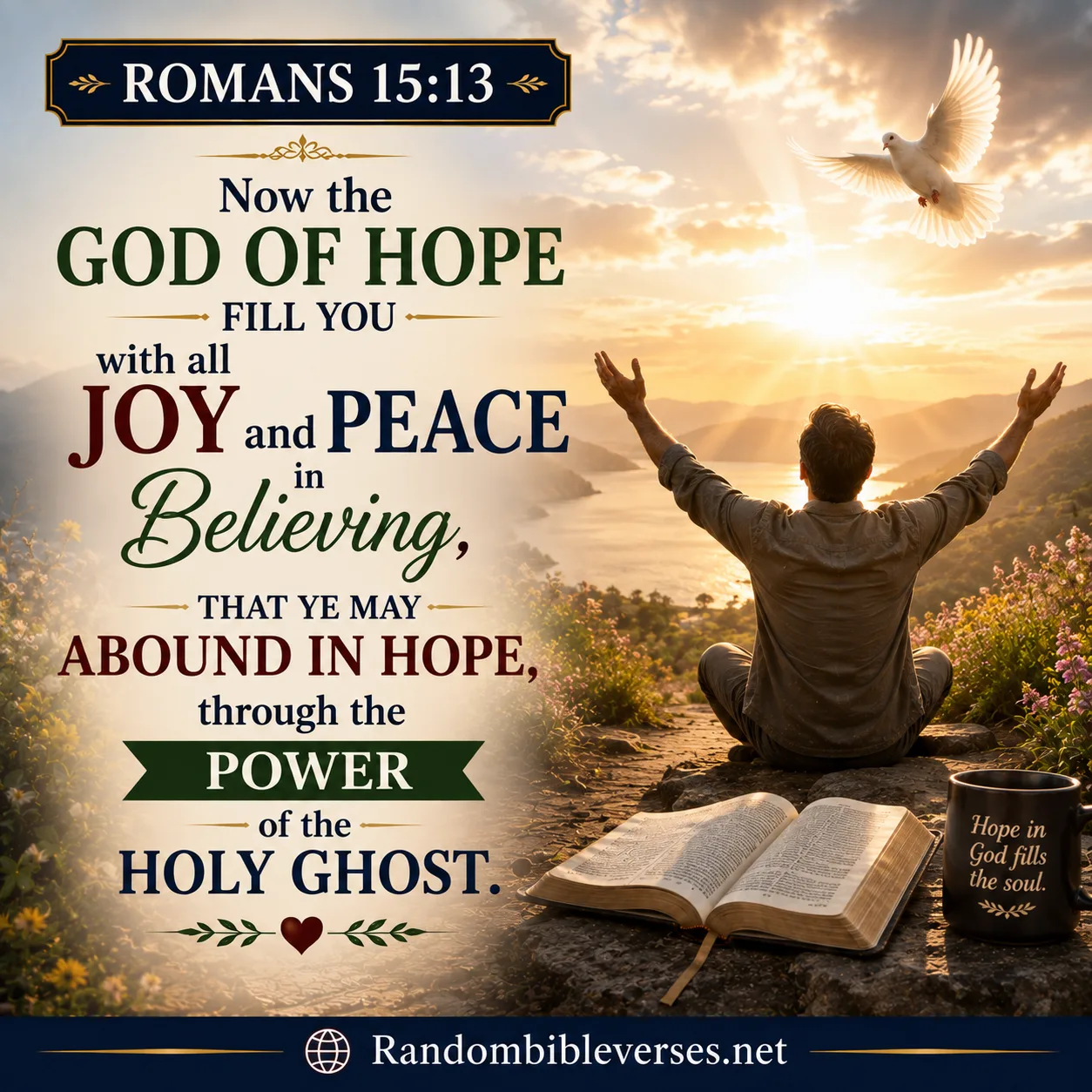 Romans 15:13 Bible verse image showing a worshipper with raised hands before a radiant sunrise over peaceful mountains and water, with an open Bible and white dove, symbolizing God’s hope, joy, peace, faith, and the power of the Holy Ghost.