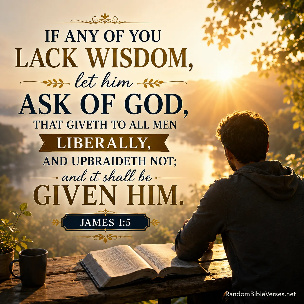 James 1:5 Bible verse image showing a person praying beside an open Bible at sunrise, symbolizing asking God for wisdom, seeking divine guidance, faith, prayer, and God's generous promise to give wisdom to those who ask.