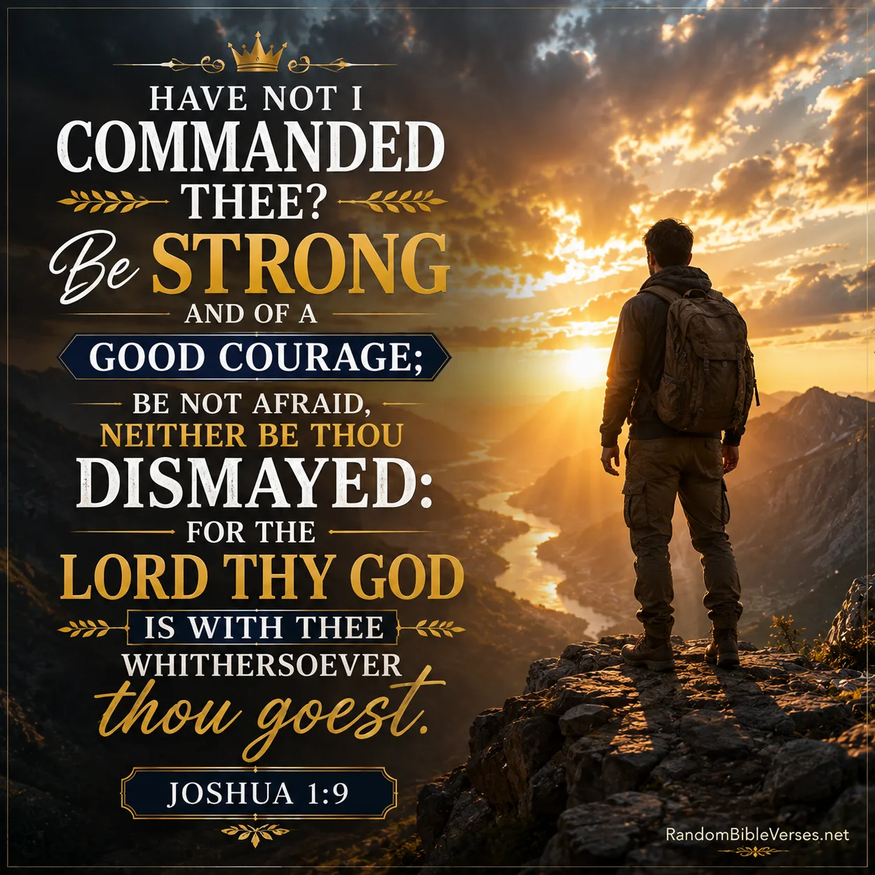 Joshua 1:9 Bible verse image showing a courageous traveler standing on a mountain overlooking a radiant valley at sunrise, symbolizing strength, courage, overcoming fear, trusting God, and knowing that the Lord is with you wherever you go.
