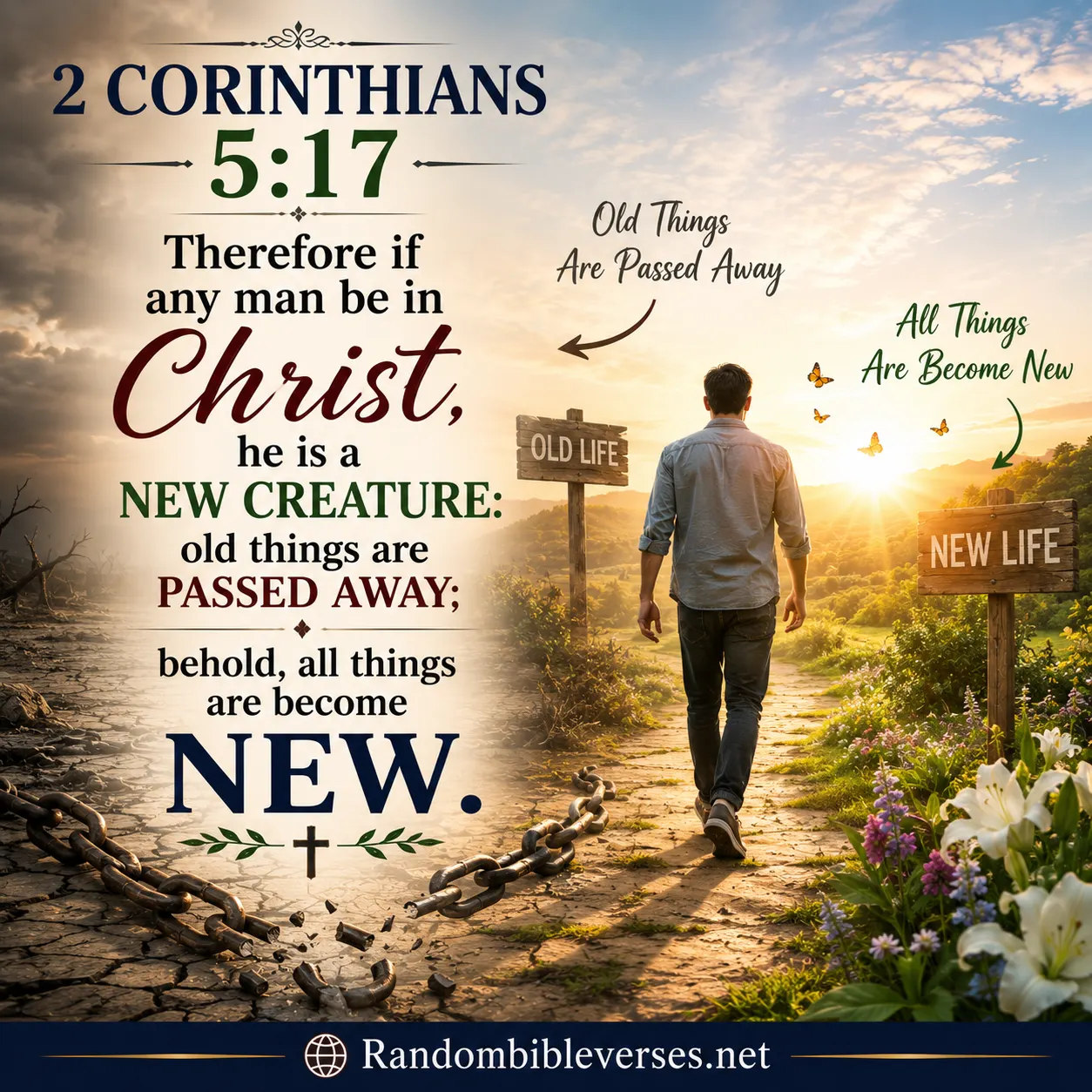 2 Corinthians 5:17 Bible verse image showing a believer walking from a dark, broken landscape into a bright sunlit valley filled with flowers, symbolizing becoming a new creation in Christ, leaving the old life behind, spiritual transformation, and new beginnings.