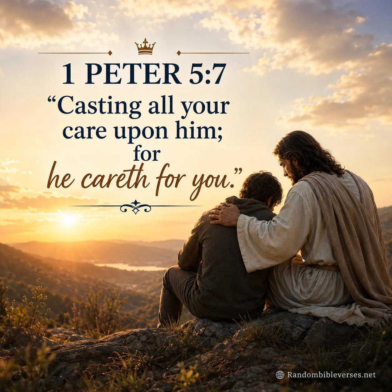 Jesus lovingly comforting a worried man at sunset, with the Bible verse 1 Peter 5:7 displayed above: ‘Casting all your care upon him; for he careth for you.’ Warm golden light, peaceful mountain landscape, and Randombibleverses.net