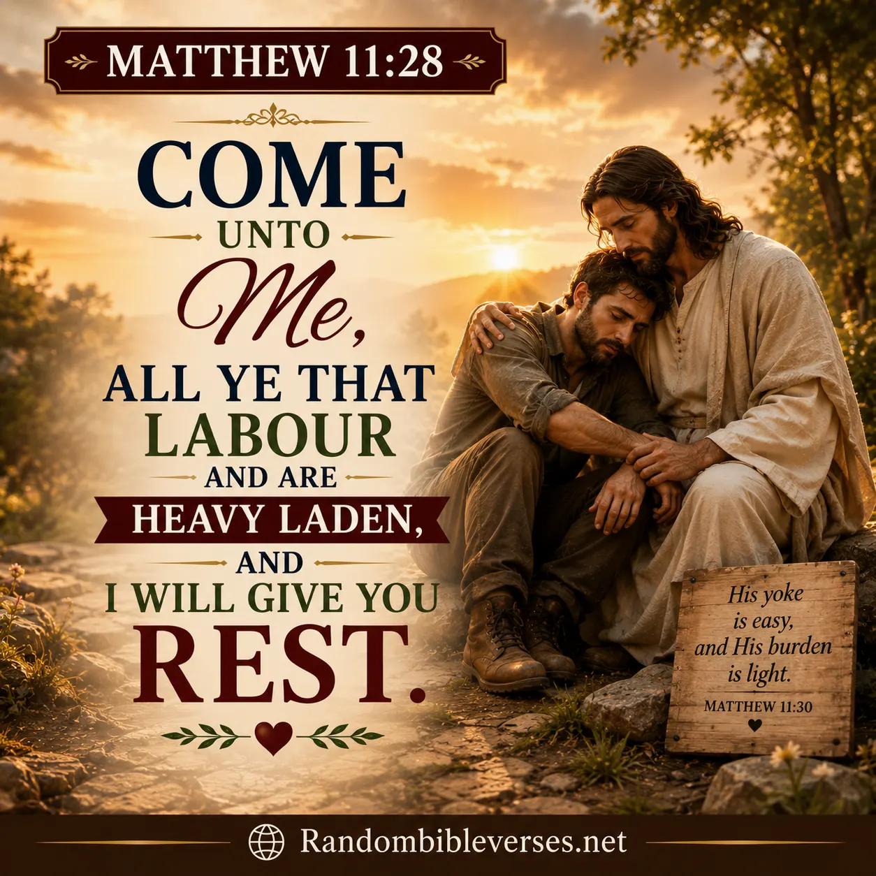 Matthew 11:28 Bible verse image showing Jesus comforting and embracing a weary man on a peaceful sunlit path, symbolizing God's compassion, rest, comfort, hope, and relief from life's burdens through faith in Christ.