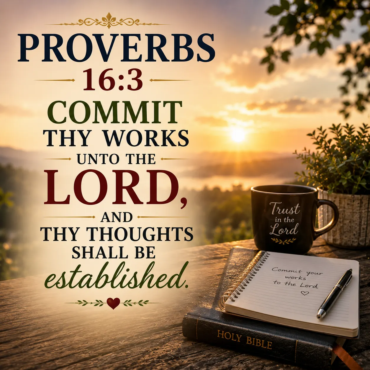 Proverbs 16:3 Bible verse image showing a peaceful believer committing their work and plans to the Lord, walking along a serene path toward warm golden heavenly light, symbolizing faith, trust in God, dedication, guidance, and the promise of an established path.