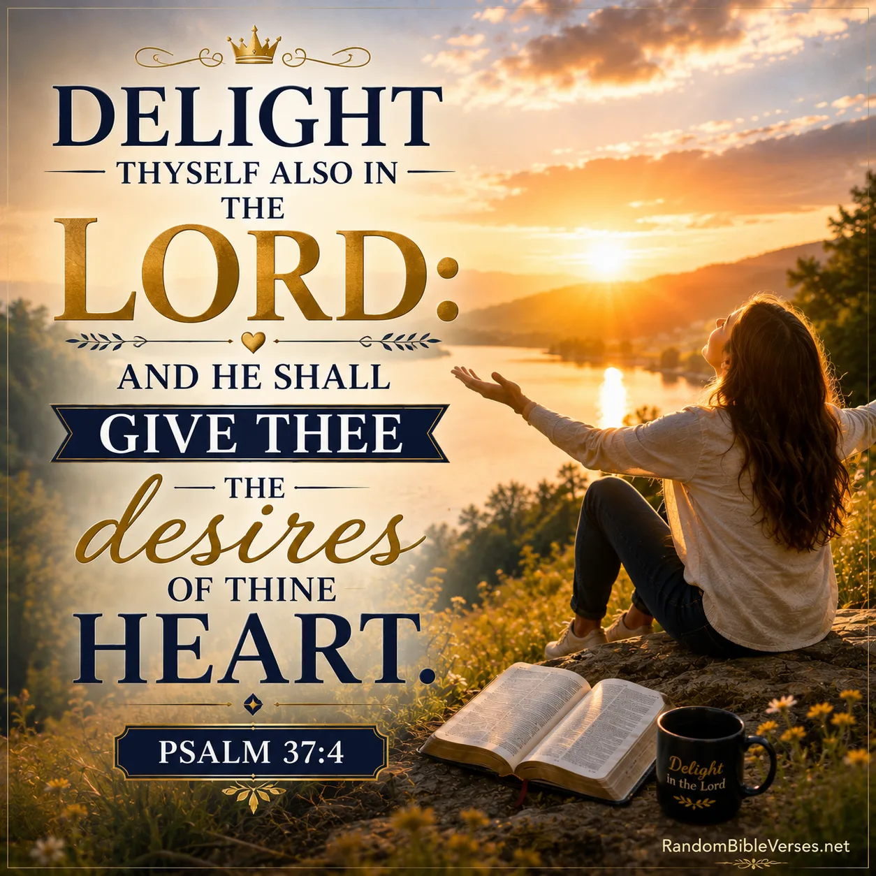 Psalm 37:4 Bible verse image showing a joyful believer worshipping in a peaceful golden landscape beneath radiant heavenly light, symbolizing delighting in the Lord, trusting God, spiritual joy, faith, and the desires of the heart being fulfilled according to His will.