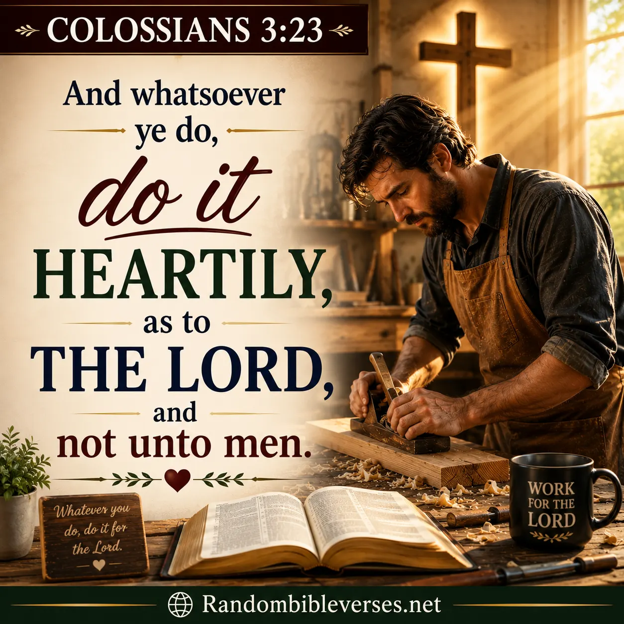 Colossians 3:23 Bible verse image showing a dedicated craftsman working wholeheartedly in a warm, sunlit workshop, with a glowing cross and open Bible nearby, symbolizing serving the Lord with excellence, faith, purpose, diligence, and devotion rather than seeking approval from people.