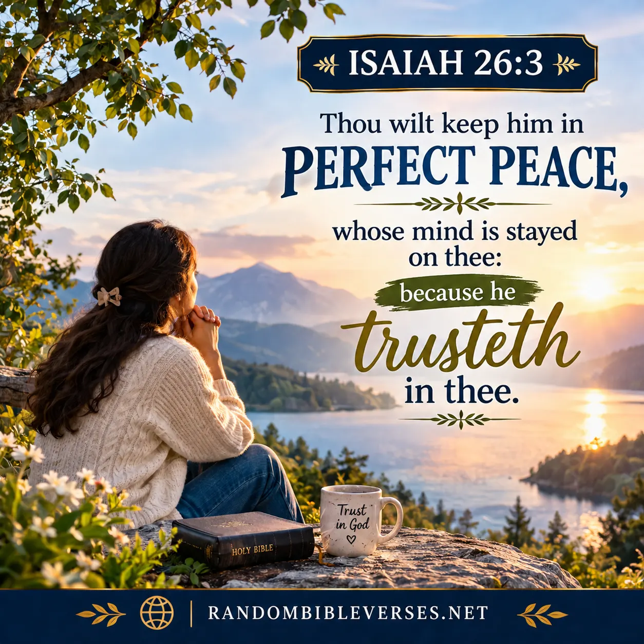 Isaiah 26:3 Bible verse image showing a woman peacefully praying beside a serene mountain lake at sunset, with an open Holy Bible and warm golden light, symbolizing perfect peace, trust in God, faith, and a mind stayed on the Lord.