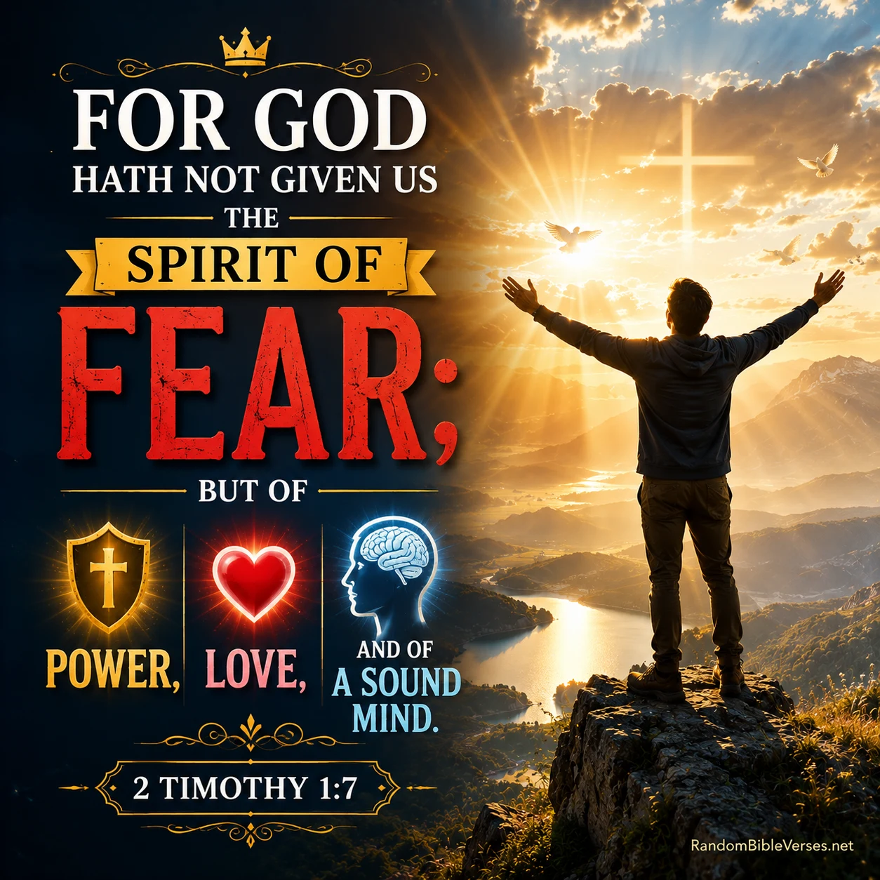 2 Timothy 1:7 Bible verse image showing a believer standing with arms raised toward a radiant cross beneath powerful golden heavenly light, symbolizing freedom from fear, God's power, love, courage, and a sound mind.