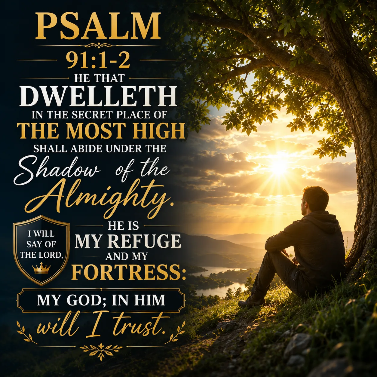 Psalm 91:1–2 Bible verse image showing a believer resting safely beneath the shadow of the Almighty, surrounded by peaceful nature and heavenly light, symbolizing God’s protection, refuge, strength, faith, and trust in the Lord.