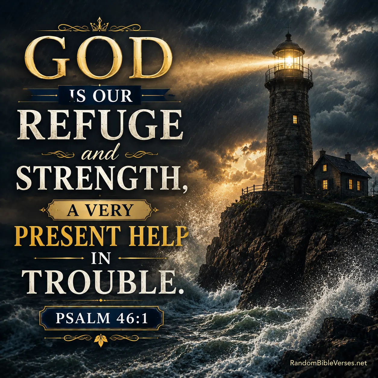 Psalm 46:1 Bible verse quote image with a majestic mountain fortress overlooking a stormy valley as golden sunlight breaks through dark clouds, symbolizing God as our refuge and strength, featuring the Scripture "God is our refuge and strength, a very present help in trouble." from Psalm 46:1.