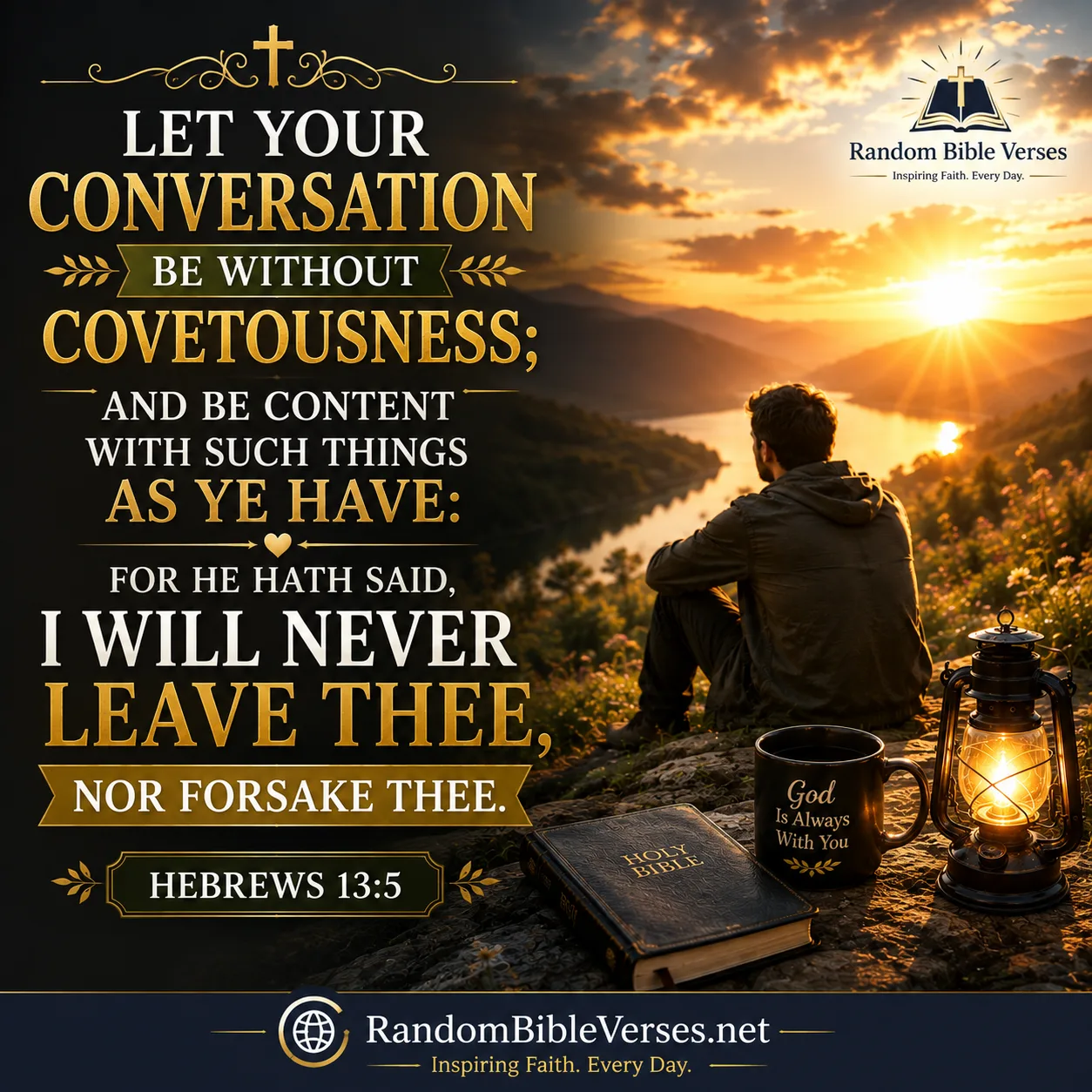 Hebrews 13:5 Bible verse image showing a peaceful sunset over mountains and a lake with a believer resting beside a Holy Bible and lantern, symbolizing contentment, God’s presence, faith, and His promise to never leave or forsake His people.