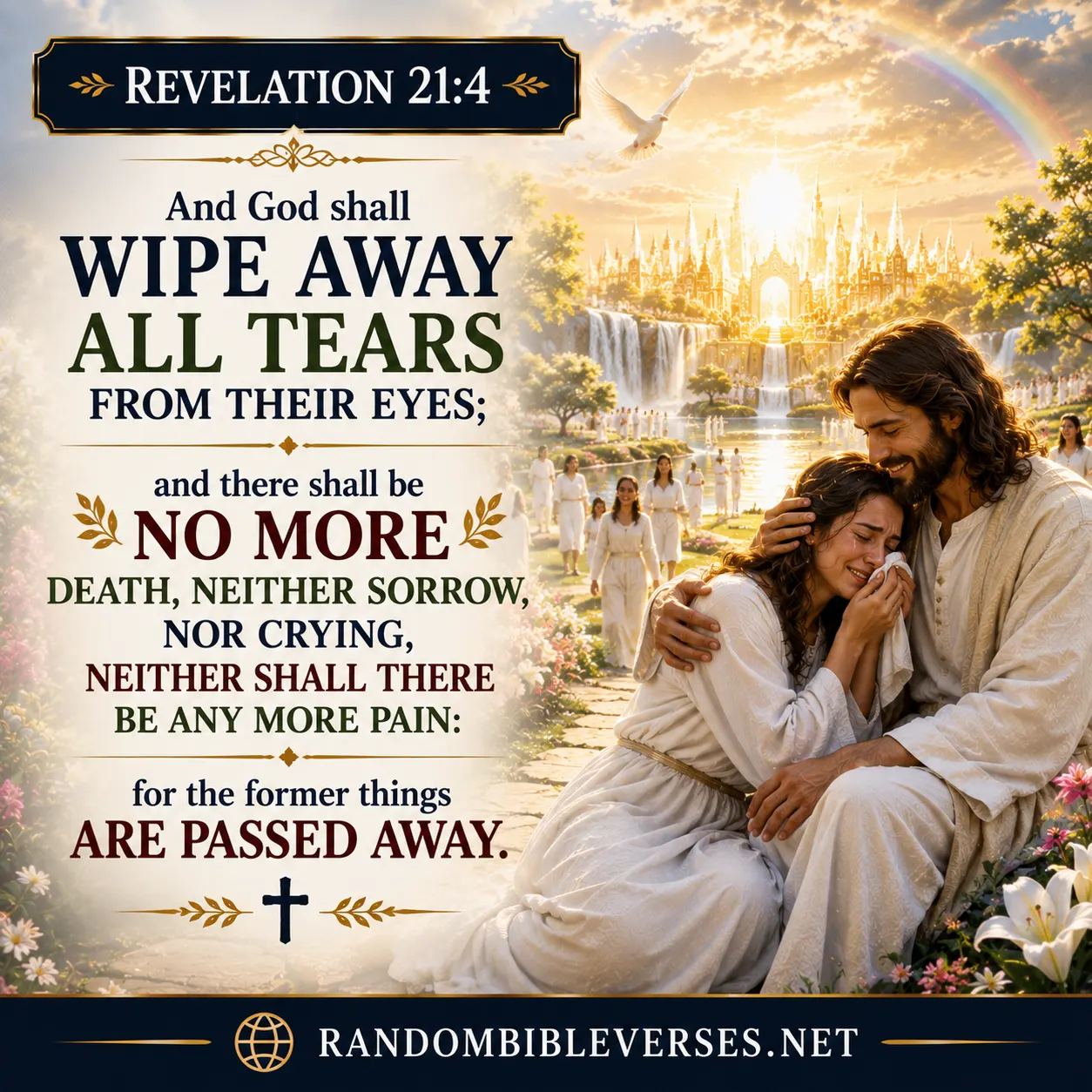 Revelation 21:4 Bible verse image depicting Jesus comforting a grieving woman in a radiant heavenly paradise, with a golden heavenly city, waterfalls, flowers, dove, and rainbow, symbolizing God wiping away every tear and the promise of no more death, sorrow, crying, or pain.