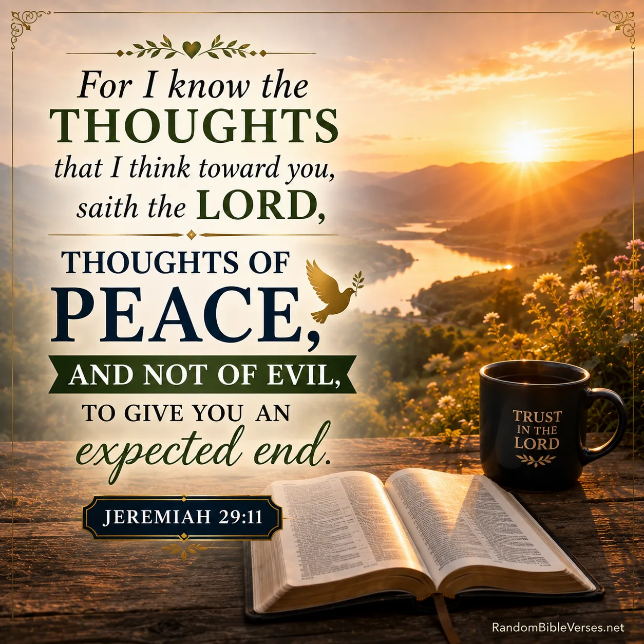 Jeremiah 29:11 Bible verse image showing a peaceful path leading toward radiant golden light beneath a hopeful sky, symbolizing God’s plans for peace, hope, a blessed future, and His promise to guide His people toward an expected end.