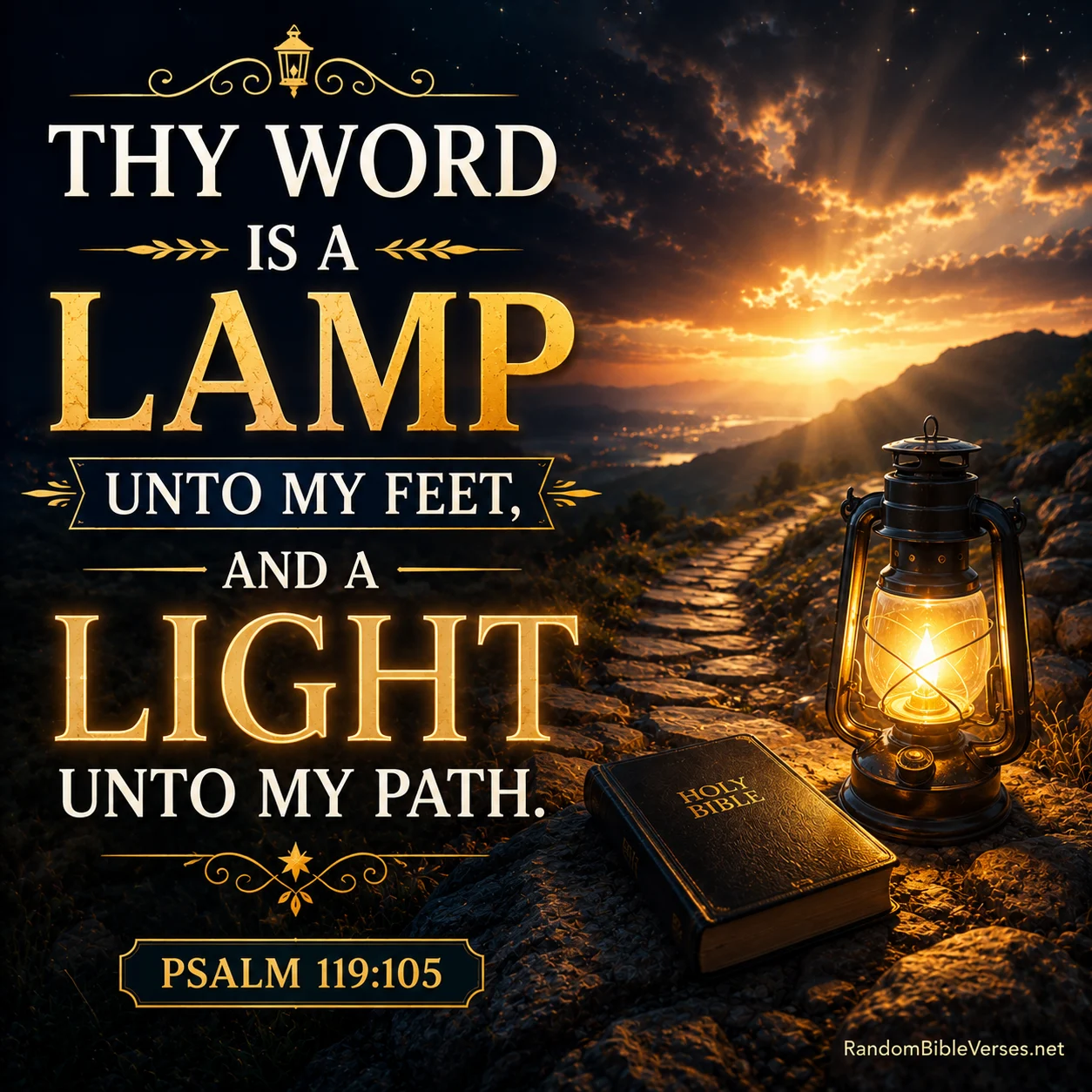 Psalm 119:105 Bible verse image showing a peaceful path through a dark forest illuminated by a warm glowing lantern, symbolizing God's Word as a lamp for our feet and a guiding light for our path.