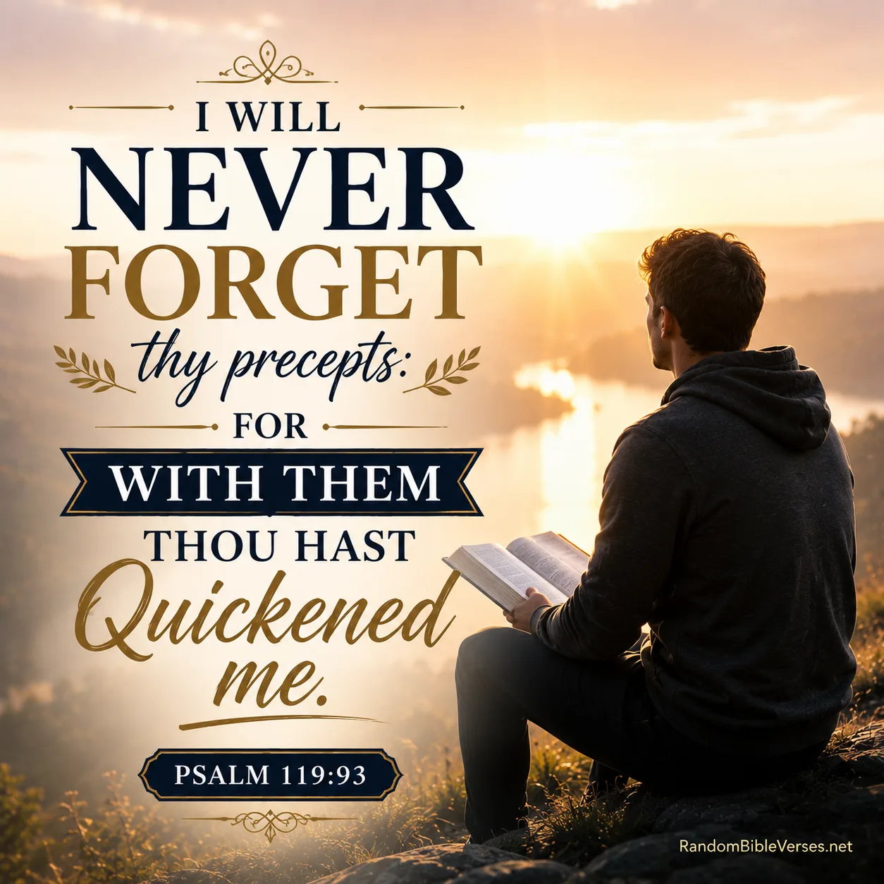 Psalm 119:93 Bible verse image showing a believer reading an open Bible at sunrise beside a peaceful lake, symbolizing remembering God's Word, spiritual renewal, faith, and the life-giving power of His precepts.