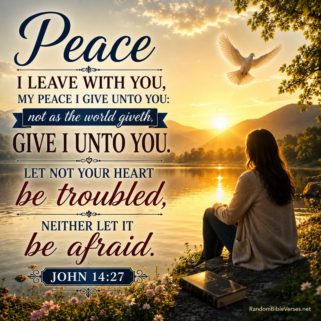 John 14:27 Bible verse image showing a peaceful lakeside at sunrise with gentle golden light reflecting across calm water, symbolizing the peace of Jesus Christ, freedom from fear, God's comforting presence, and lasting hope in every circumstance.