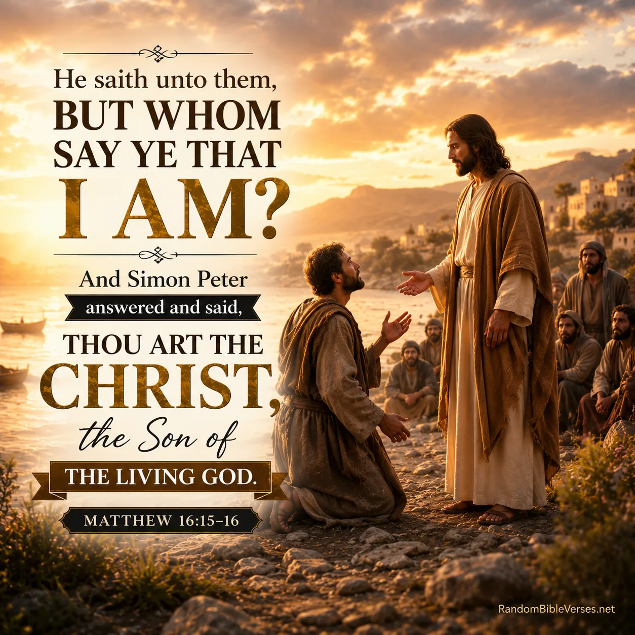 Matthew 16:15–16 Bible verse image showing Jesus speaking with Simon Peter by the lakeside at sunrise, where Peter declares Jesus as the Christ, the Son of the living God.