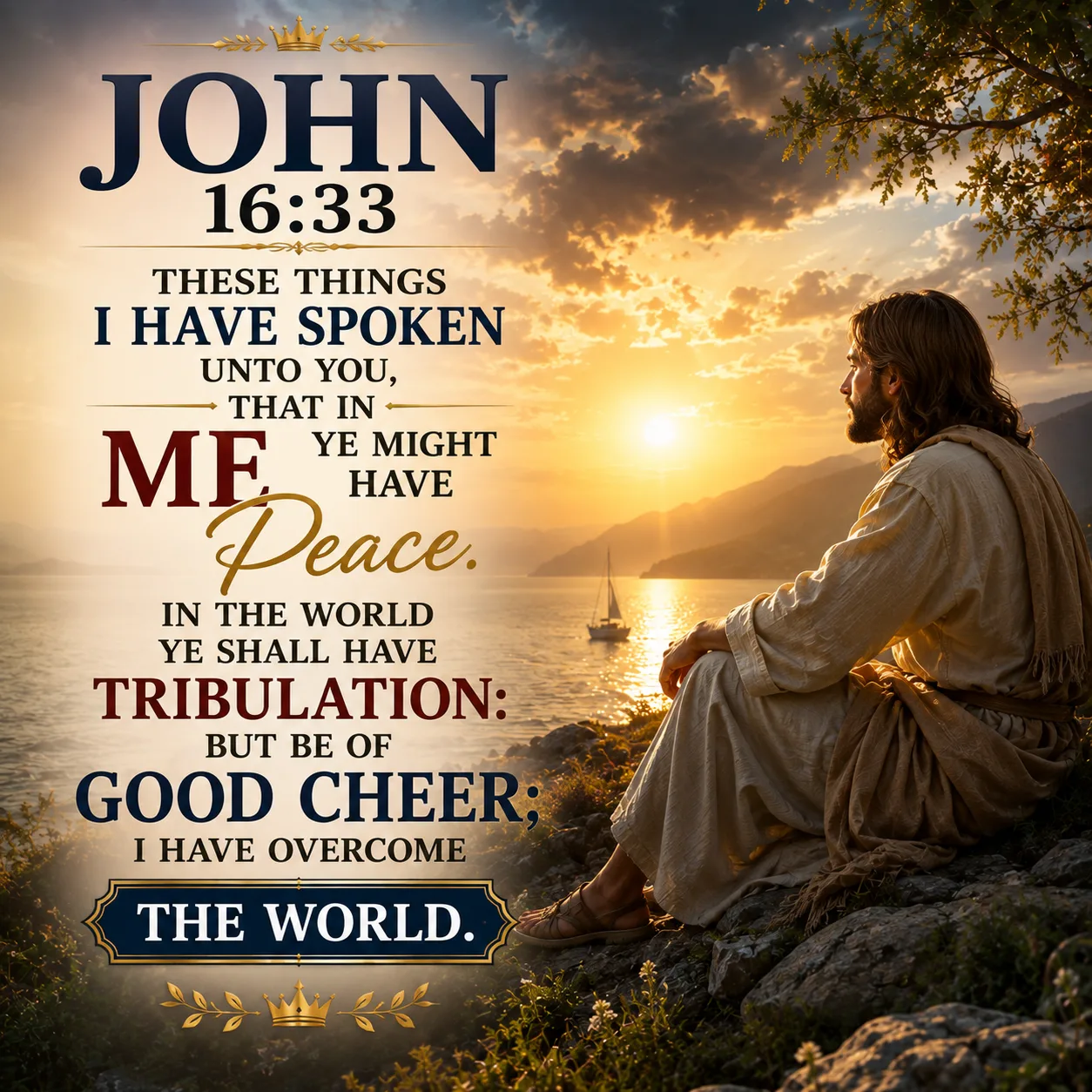 John 16:33 Bible verse image showing Jesus sitting beside a peaceful lake beneath radiant golden sunset light, symbolizing the peace of Christ, courage during tribulation, hope, and Jesus overcoming the world.