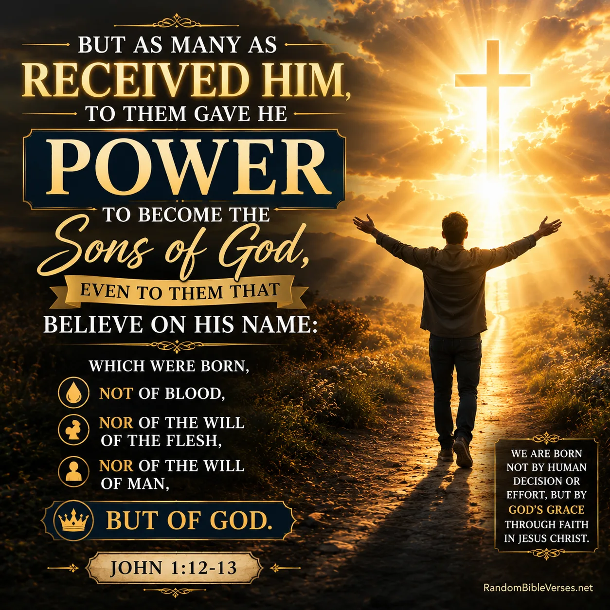 John 1:12–13 Bible verse image showing a believer walking toward a radiant glowing cross with arms raised in worship beneath golden heavenly light, symbolizing receiving Jesus Christ, becoming a child of God through faith, and the gift of spiritual rebirth.