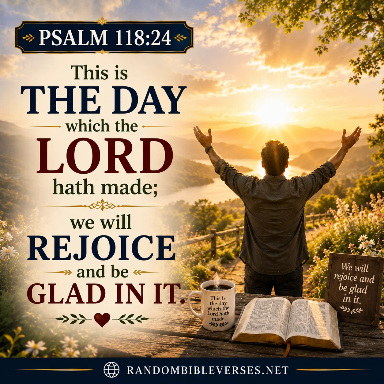 Psalm 118:24 Bible verse image showing a beautiful golden sunrise over peaceful mountains and a vibrant flower-filled meadow, symbolizing gratitude, joy, worship, and rejoicing in the day the Lord has made.