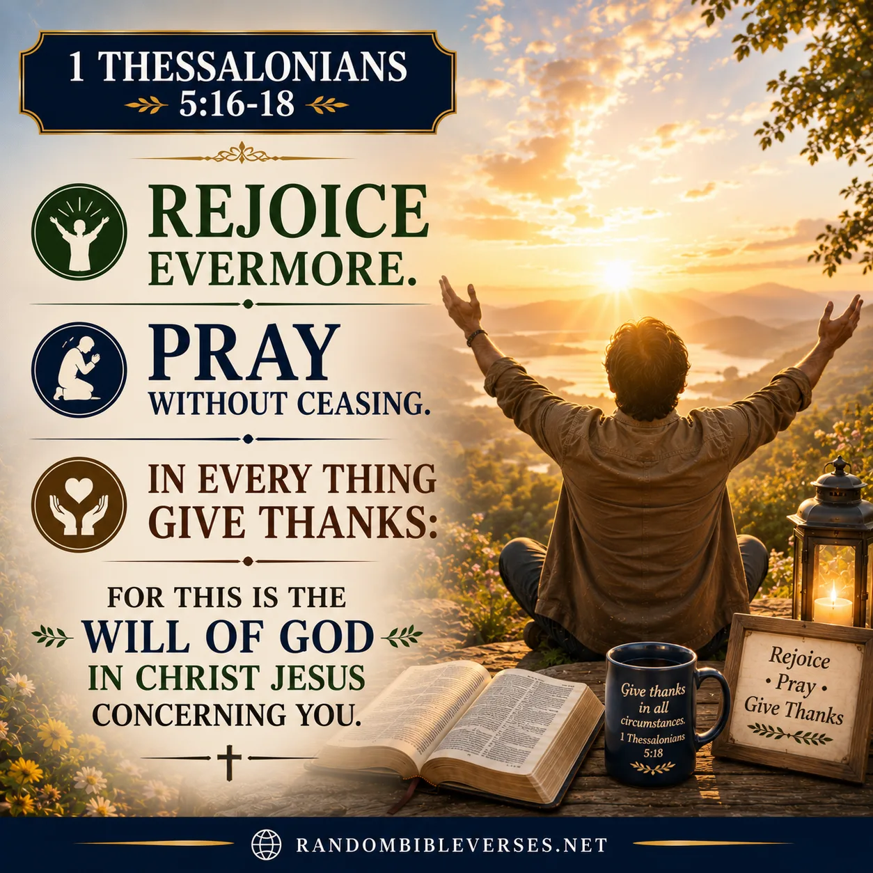 1 Thessalonians 5:16-18 Bible verse image showing a worshipper with raised hands before a radiant golden sunrise, with an open Bible and lantern, symbolizing rejoicing always, praying without ceasing, giving thanks in all things, and living according to God’s will in Christ Jesus.