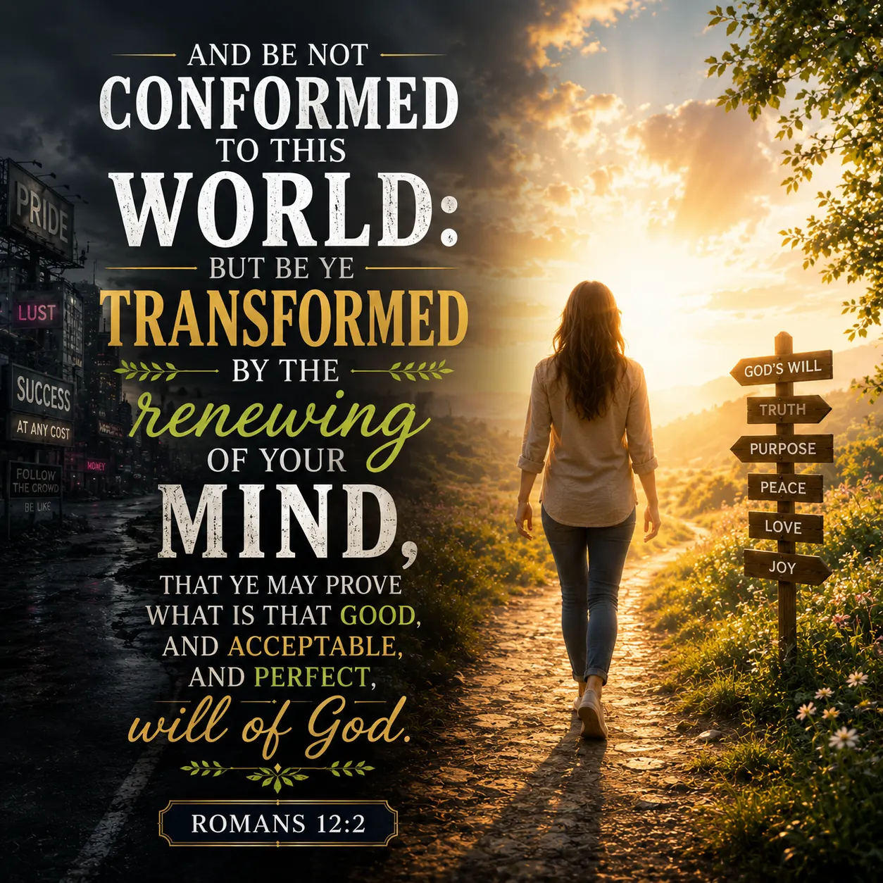 Romans 12:2 Bible verse image showing a woman walking from a dark worldly city into a radiant countryside path, symbolizing spiritual transformation, renewal of the mind, rejecting worldly influences, and following God's good, acceptable, and perfect will.