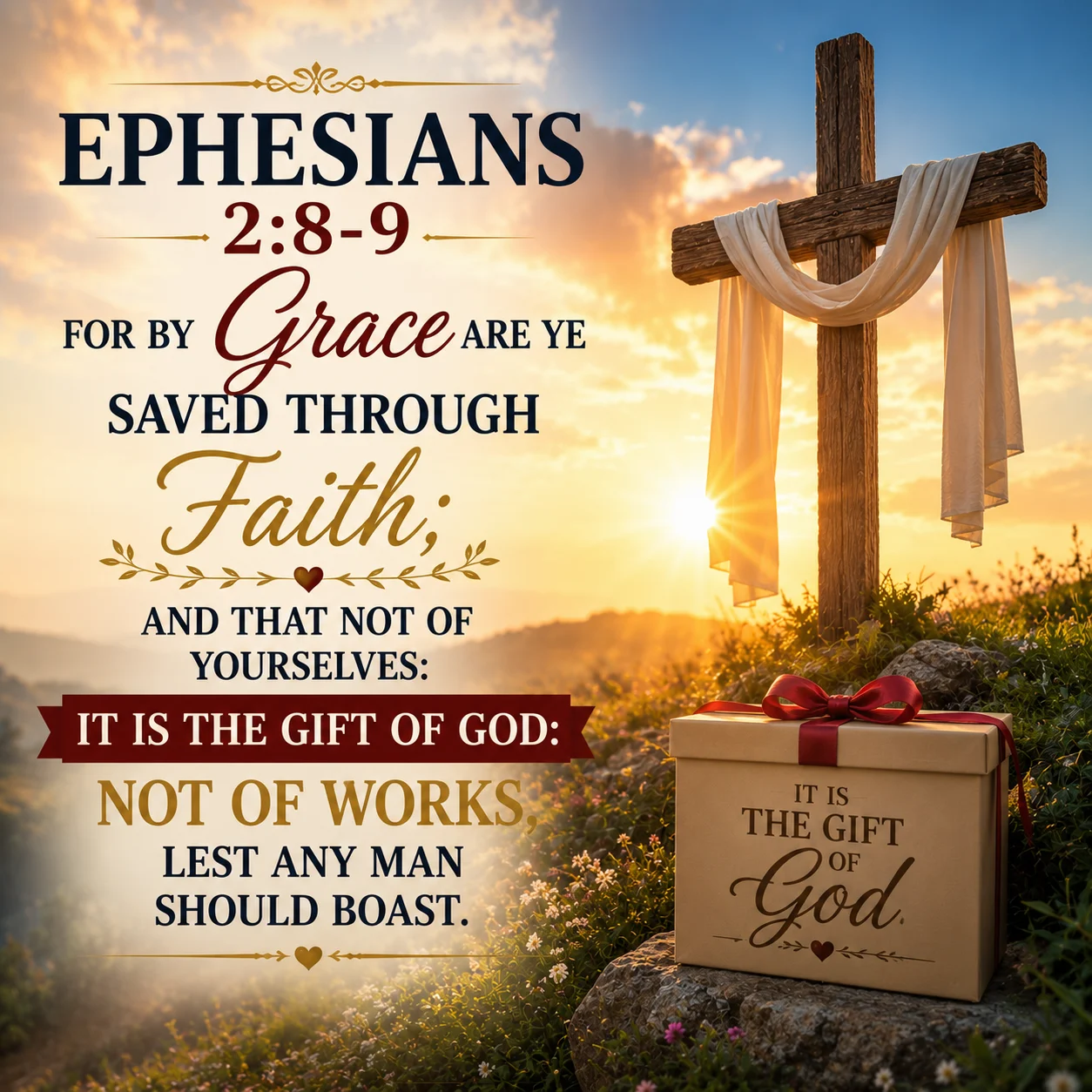 Ephesians 2:8–9 Bible verse image showing a wooden cross illuminated by golden heavenly light with a symbolic gift box, representing salvation by God’s grace through faith, the gift of God, and salvation not earned by works.