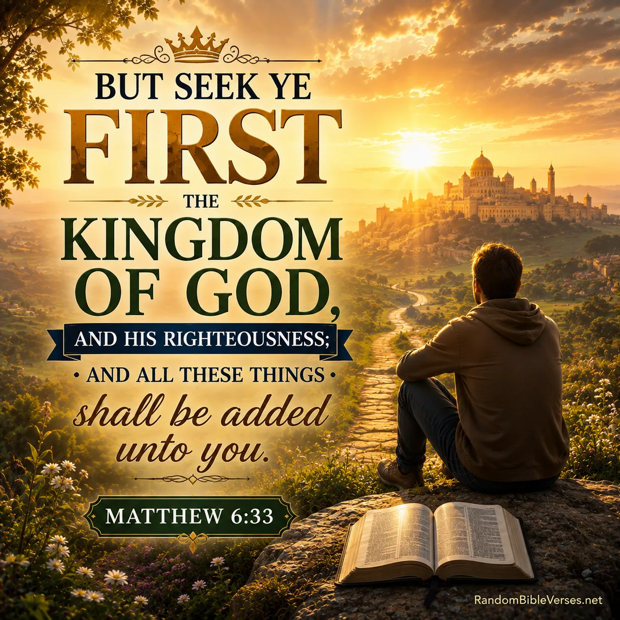 Matthew 6:33 Bible verse image showing a person sitting beside an open Bible on a mountain overlooking a radiant kingdom-like city beneath golden heavenly light, symbolizing seeking God's kingdom and righteousness first, trusting God, spiritual devotion, faith, and His promise of provision.