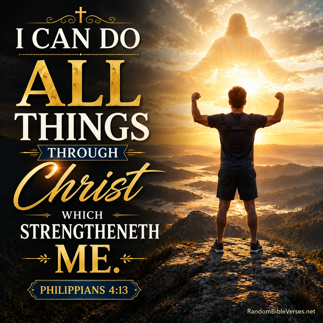 Philippians 4:13 Bible verse image showing a believer standing triumphantly on a mountain peak with raised fists beneath radiant heavenly light and the majestic presence of Christ, symbolizing strength through Jesus Christ, unwavering faith, courage, victory, and God's empowering presence.