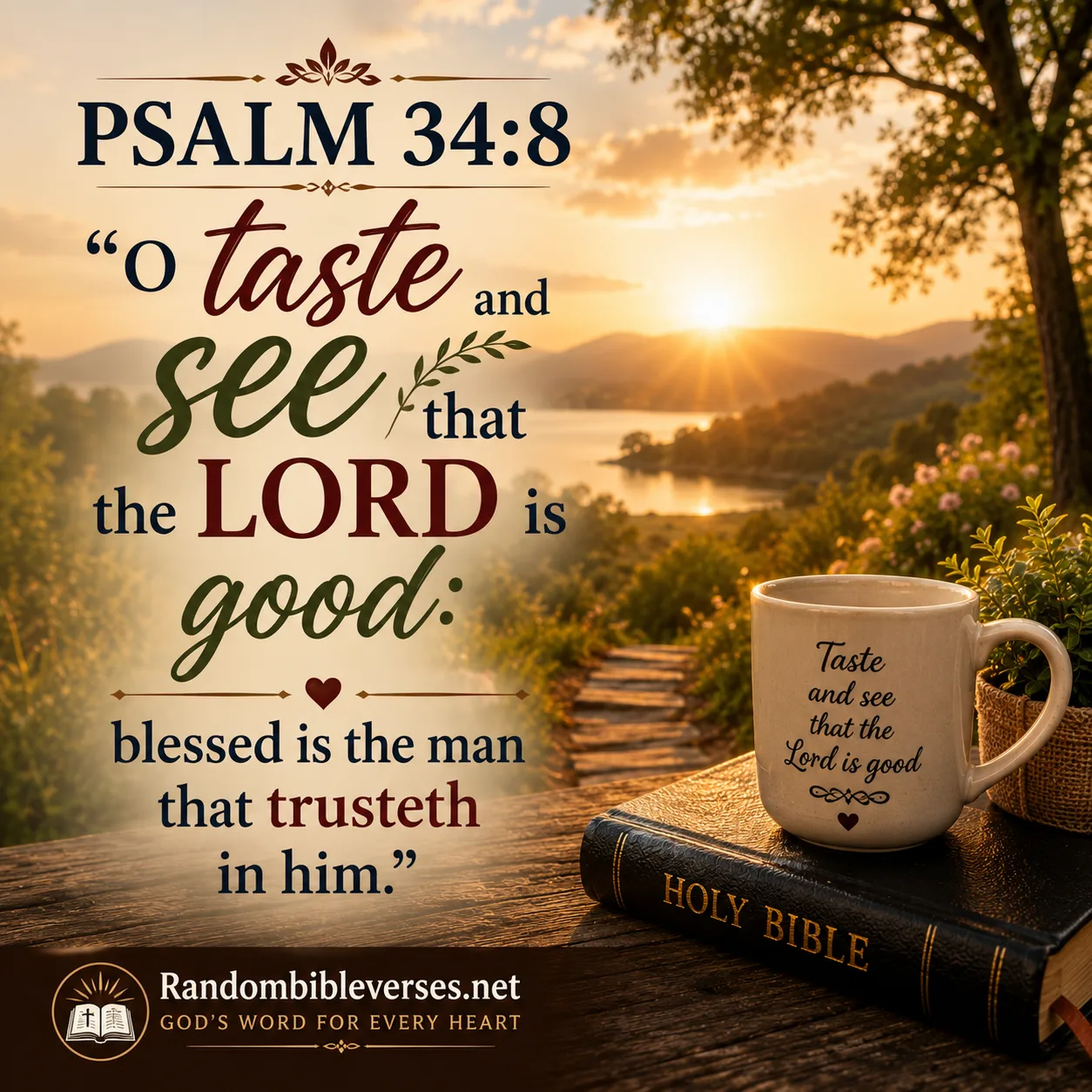 Psalm 34:8 Bible verse image showing a peaceful golden sunrise over a beautiful lake and mountain landscape, with a Holy Bible and warm light symbolizing the goodness of the Lord, faith, trust, gratitude, and spiritual blessings.