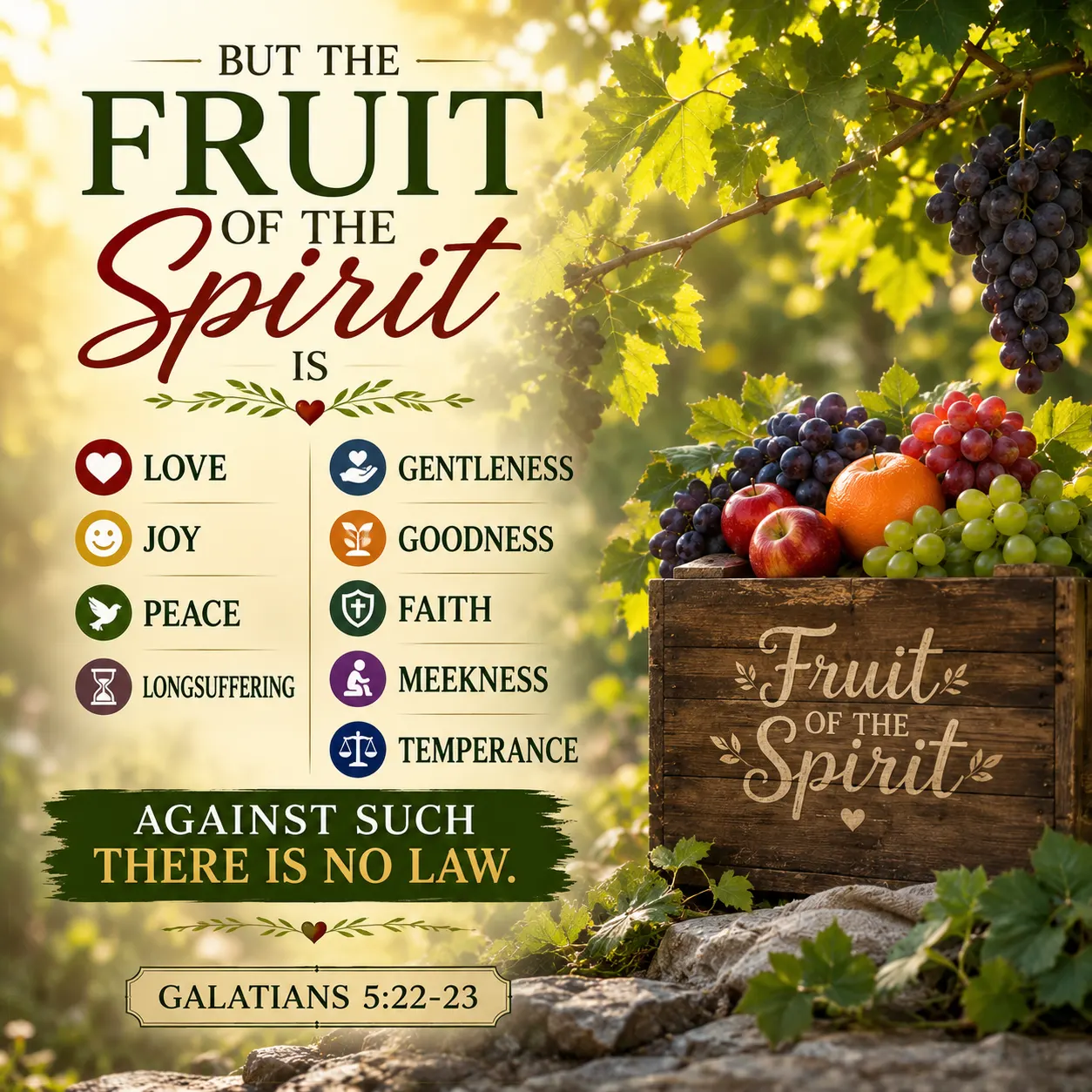 Galatians 5:22–23 Bible verse image featuring a sunlit vineyard with grapes and a basket of fruit, symbolizing the fruit of the Spirit—love, joy, peace, longsuffering, gentleness, goodness, faith, meekness, and temperance.