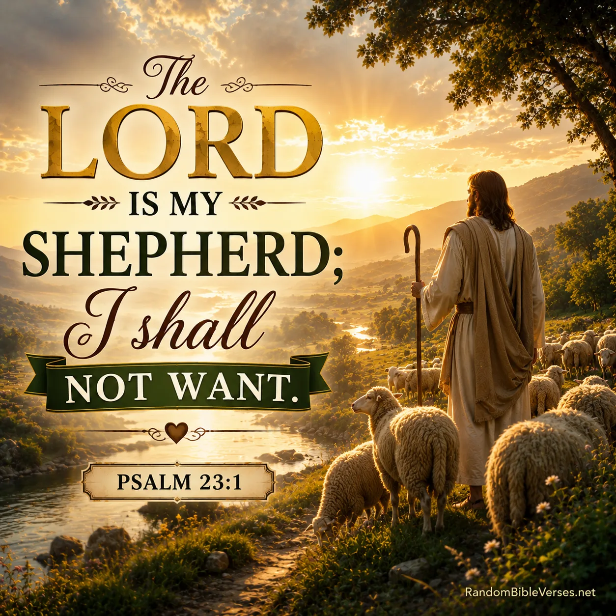 Psalm 23:1 Bible verse image showing Jesus the Good Shepherd gently leading a peaceful flock of sheep through a lush green valley beside still waters at golden sunrise, symbolizing God's loving guidance, faithful provision, protection, peace, and the promise that those who trust in the Lord shall not want.