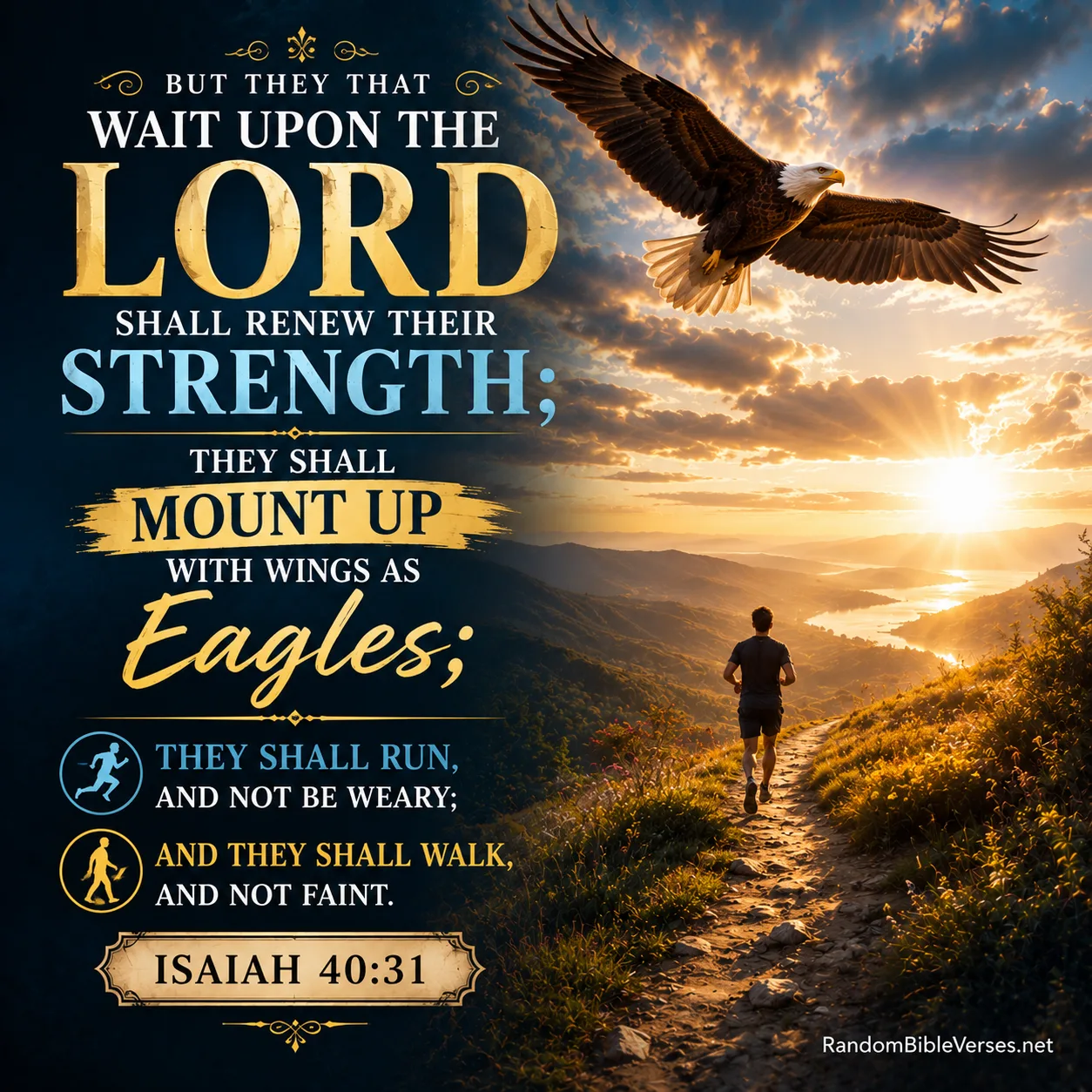 Isaiah 40:31 Bible verse image showing a majestic eagle soaring above sunlit mountain peaks while a runner follows a winding trail toward the golden horizon, symbolizing renewed strength through waiting on the Lord, unwavering faith, spiritual endurance, hope, and God's sustaining power.