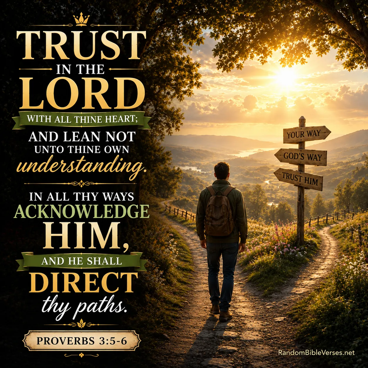 Proverbs 3:5–6 Bible verse image showing a believer standing at a fork in a forest path beneath radiant golden sunlight breaking through the trees, symbolizing trusting in the Lord with all your heart, surrendering your own understanding, seeking God's guidance, and following His divinely directed path.