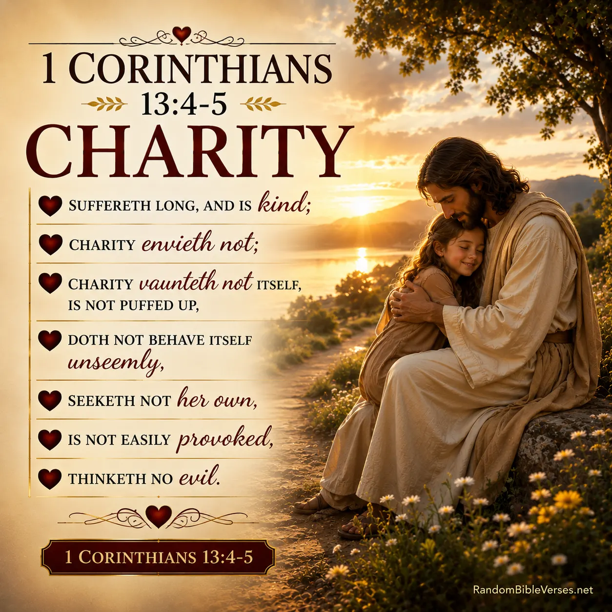 1 Corinthians 13:4-5 Bible verse image showing Jesus lovingly embracing a child beside a peaceful path at sunset, symbolizing patient and kind love, humility, forgiveness, selflessness, and the true nature of Christian love.