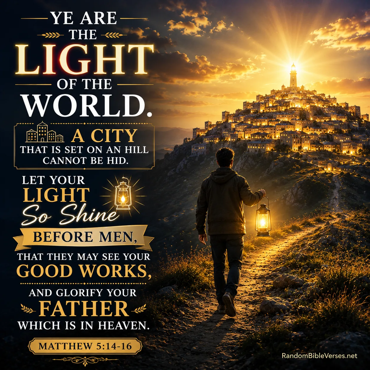 Matthew 5:14–16 Bible verse image showing a believer carrying a glowing lantern toward a radiant city on a hill at sunrise, symbolizing being the light of the world, shining through good works, and glorifying God.
